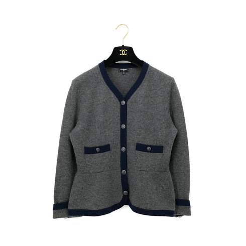 CHANEL COCO BUTTON KNIT CARDIGAN GRAY NAVY CASHMERE 38 P59 RTW 90308389 - PURPOSE