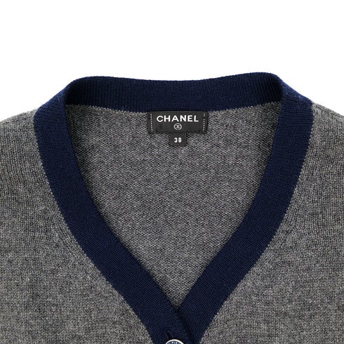 CHANEL COCO BUTTON KNIT CARDIGAN GRAY NAVY CASHMERE 38 P59 RTW 90308389 - PURPOSE