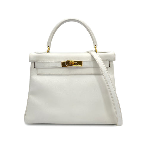 HERMES KELLY 28 RETOURNE WHITE GRAINE HAND SHOULDER BAG 〇W GOLD HARDWARE 90308961