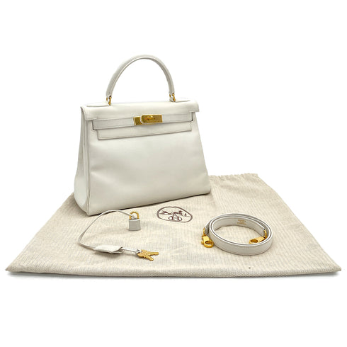 HERMES KELLY 28 RETOURNE WHITE GRAINE HAND SHOULDER BAG 〇W GOLD HARDWARE 90308961