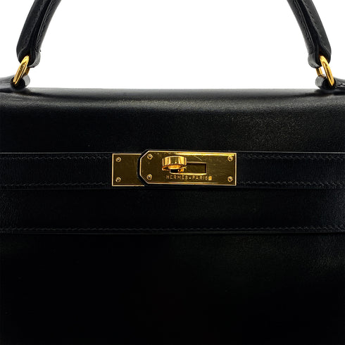 HERMES KELLY 32 RETOURNE BLACK BOXCALF HAND SHOULDER BAG 1993 CIRCLE W GOLD HARDWARE 90308965 - PURPOSE