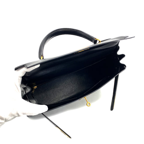 HERMES KELLY 32 RETOURNE BLACK BOXCALF HAND SHOULDER BAG 1993 CIRCLE W GOLD HARDWARE 90308965 - PURPOSE