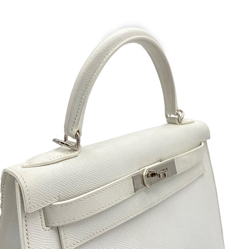 HERMES KELLY 28 SELLIER WHITE VEAU EPSOM HAND SHOULDER BAG 2007 SQUARE K PALLADIUM HARDWARE 90308966 - PURPOSE