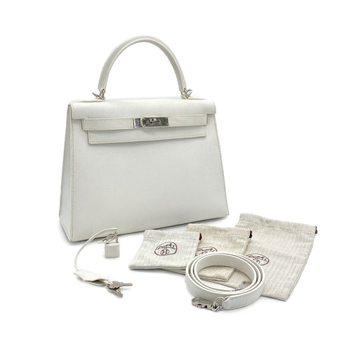 HERMES KELLY 28 SELLIER WHITE VEAU EPSOM HAND SHOULDER BAG 2007 SQUARE K PALLADIUM HARDWARE 90308966 - PURPOSE