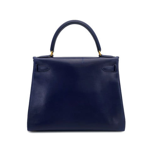 HERMES KELLY 28 RETOURNE BLUE BOXCALF HAND SHOULDER BAG 1995 CIRCLE Y GOLD HARDWARE 90308969 - PURPOSE