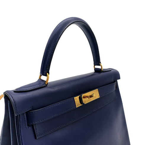 HERMES KELLY 28 RETOURNE BLUE BOXCALF HAND SHOULDER BAG 1995 CIRCLE Y GOLD HARDWARE 90308969 - PURPOSE