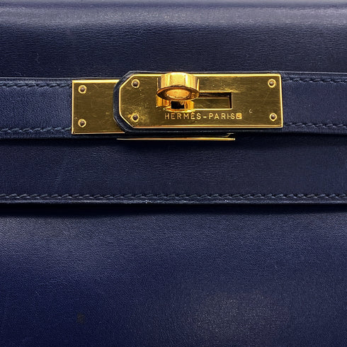 HERMES KELLY 28 RETOURNE BLUE BOXCALF HAND SHOULDER BAG 1995 CIRCLE Y GOLD HARDWARE 90308969 - PURPOSE
