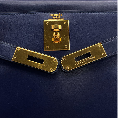 HERMES KELLY 28 RETOURNE BLUE BOXCALF HAND SHOULDER BAG 1995 CIRCLE Y GOLD HARDWARE 90308969 - PURPOSE