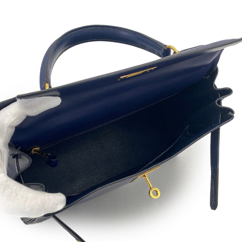 HERMES KELLY 28 RETOURNE BLUE BOXCALF HAND SHOULDER BAG 1995 CIRCLE Y GOLD HARDWARE 90308969 - PURPOSE