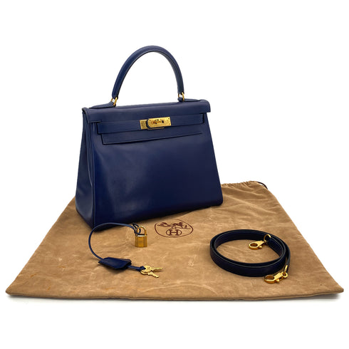 HERMES KELLY 28 RETOURNE BLUE BOXCALF HAND SHOULDER BAG 1995 CIRCLE Y GOLD HARDWARE 90308969 - PURPOSE