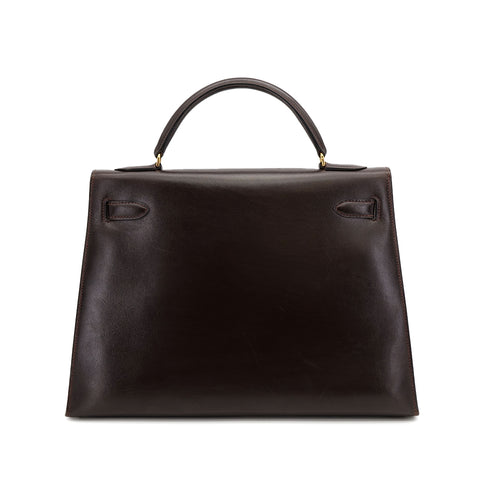 HERMES KELLY 32 SELLIER MARRON FONCE BOXCALF HAND BAG 1976 CIRCLE F GOLD HARDWARE 90308970 - PURPOSE