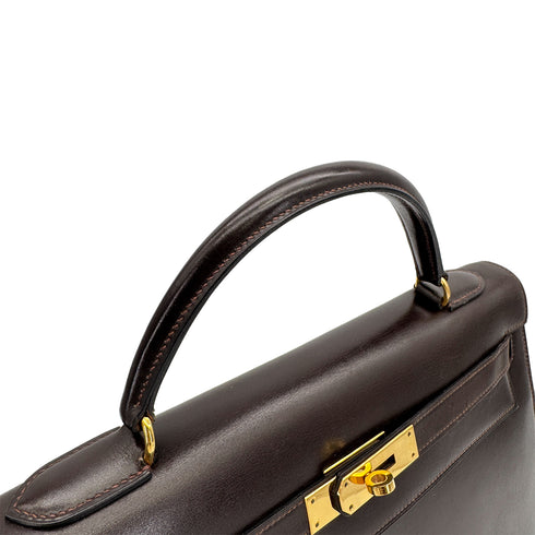 HERMES KELLY 32 SELLIER MARRON FONCE BOXCALF HAND BAG 1976 CIRCLE F GOLD HARDWARE 90308970 - PURPOSE