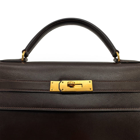 HERMES KELLY 32 SELLIER MARRON FONCE BOXCALF HAND BAG 1976 CIRCLE F GOLD HARDWARE 90308970 - PURPOSE