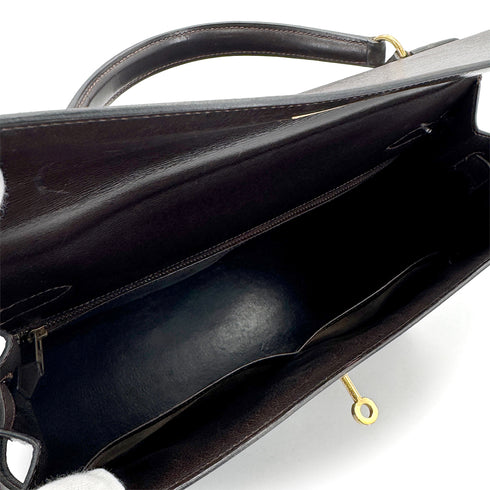 HERMES KELLY 32 SELLIER MARRON FONCE BOXCALF HAND BAG 1976 CIRCLE F GOLD HARDWARE 90308970 - PURPOSE