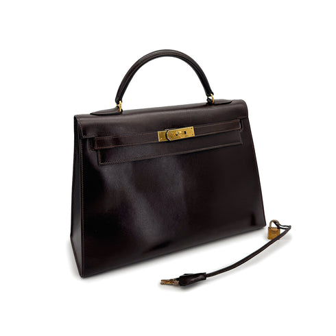 HERMES KELLY 32 SELLIER MARRON FONCE BOXCALF HAND BAG 1976 CIRCLE F GOLD HARDWARE 90308970 - PURPOSE