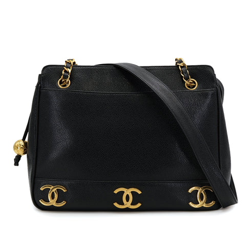 CHANEL VINTAGE TRIPLE COCO CHAIN TOTE BAG BLACK CAVIAR SKIN 90308978 - PURPOSE