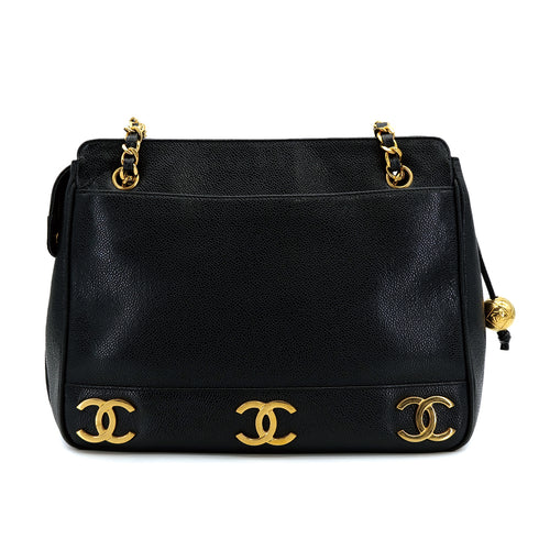 CHANEL VINTAGE TRIPLE COCO CHAIN TOTE BAG BLACK CAVIAR SKIN 90308978 - PURPOSE