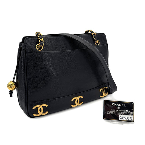 CHANEL VINTAGE TRIPLE COCO CHAIN TOTE BAG BLACK CAVIAR SKIN 90308978 - PURPOSE