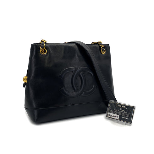 CHANEL VINTAGE BIG COCO CHAIN SHOULDER TOTE BAG BLACK LEATHER 90309159 - PURPOSE