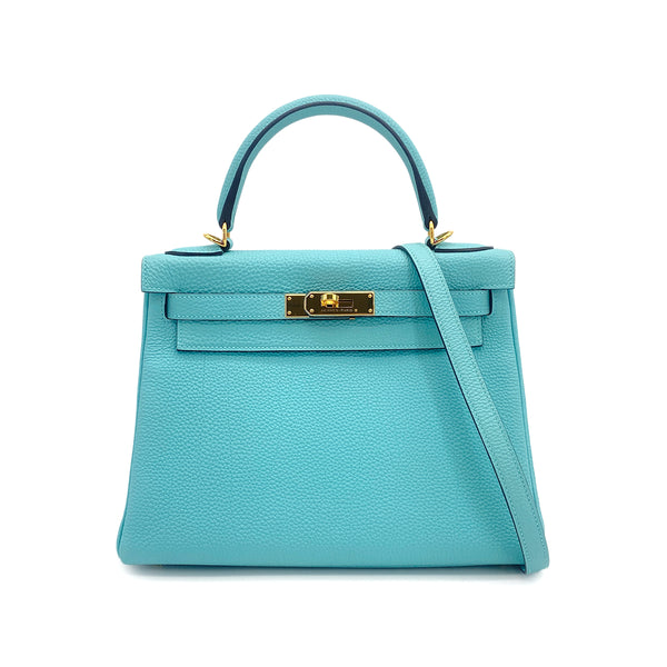 HERMES KELLY 28 RETOURNE BLUE ATOLL TOGO HAND SHOULDER BAG T GOLD HARDWARE 90309264