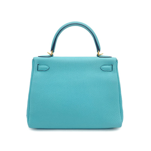 HERMES KELLY 28 RETOURNE BLUE ATOLL TOGO HAND SHOULDER BAG T GOLD HARDWARE 90309264