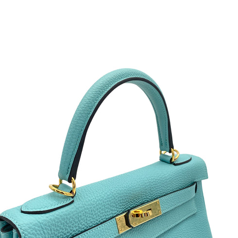 HERMES KELLY 28 RETOURNE BLUE ATOLL TOGO HAND SHOULDER BAG T GOLD HARDWARE 90309264