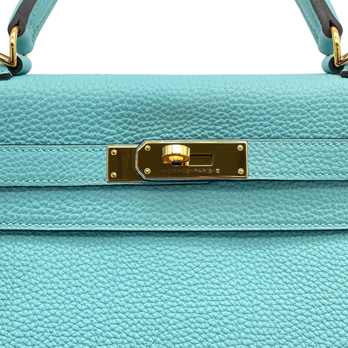 HERMES KELLY 28 RETOURNE BLUE ATOLL TOGO HAND SHOULDER BAG T GOLD HARDWARE 90309264