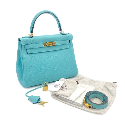 HERMES KELLY 28 RETOURNE BLUE ATOLL TOGO HAND SHOULDER BAG T GOLD HARDWARE 90309264