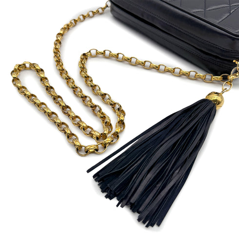 CHANEL VINTAGE COCO BALL MATELASSE BIJOU CHAIN SHOULDER BAG FRINGE NAVY LAMB SKIN 90309667 - PURPOSE