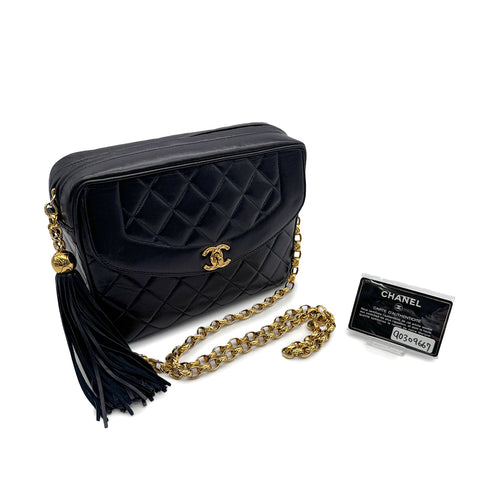 CHANEL VINTAGE COCO BALL MATELASSE BIJOU CHAIN SHOULDER BAG FRINGE NAVY LAMB SKIN 90309667 - PURPOSE