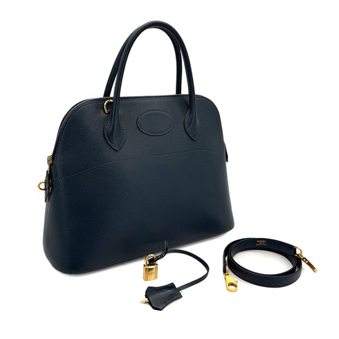 HERMES BOLIDE 31 BLUE INDIGO COURCHEVEL HAND SHOULDER BAG □C GOLD HARDWARE 90309668 - PURPOSE