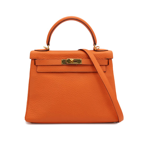 HERMES KELLY 28 RETOURNE ORANGE TAURILLON CLEMENCE HAND SHOULDER BAG □G GOLD HARDWARE 90309670