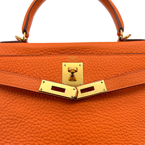 HERMES KELLY 28 RETOURNE ORANGE TAURILLON CLEMENCE HAND SHOULDER BAG □G GOLD HARDWARE 90309670