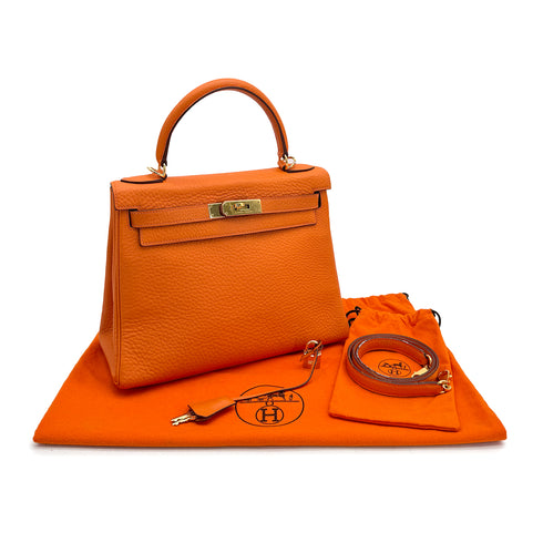 HERMES KELLY 28 RETOURNE ORANGE TAURILLON CLEMENCE HAND SHOULDER BAG □G GOLD HARDWARE 90309670