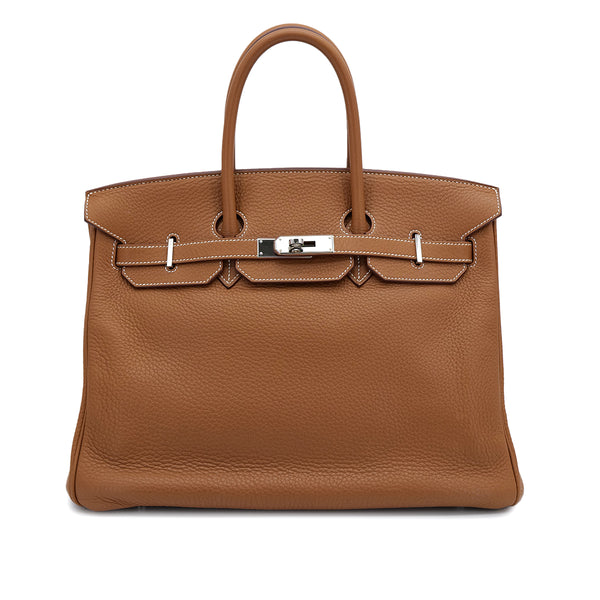 HERMES BIRKIN 35 GOLD TAURILLON CLEMENCE HAND BAG ▢L PALLADIUM HARDWARE 90309673 - PURPOSE
