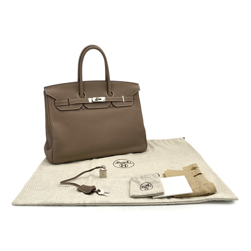 HERMES BIRKIN 35 ETOUPE TAURILLON CLEMENCE HAND BAG ▢N PALLADIUM HARDWARE 90309730 - PURPOSE