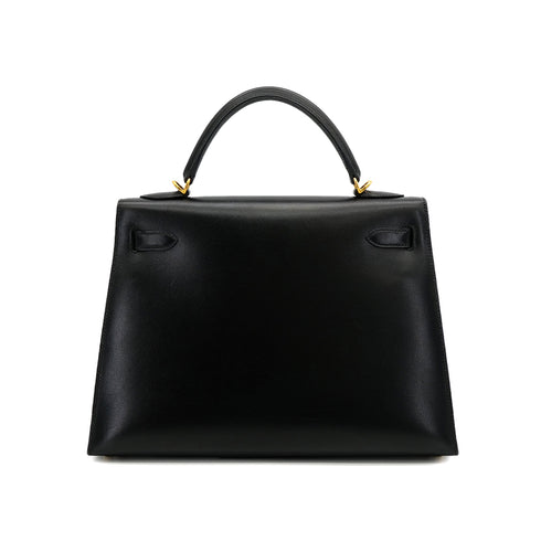 HERMES KELLY 32 SELLIER BLACK BOXCALF HAND SHOULDER BAG 2005 SQUARE I GOLD HARDWARE 90309731 - PURPOSE