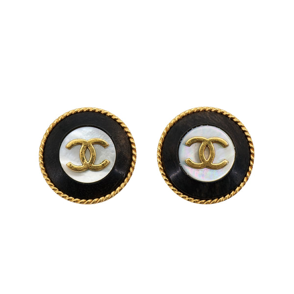 CHANEL VINTAGE EARRINGS ROUND COCOMARK SHELL GOLD BLACK ACCESSORY 95P 90309744 - PURPOSE