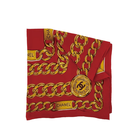 CHANEL VINTAGE SCARF COCOMARK CHAIN MOTIF RED GOLD SILK 90309779 - PURPOSE