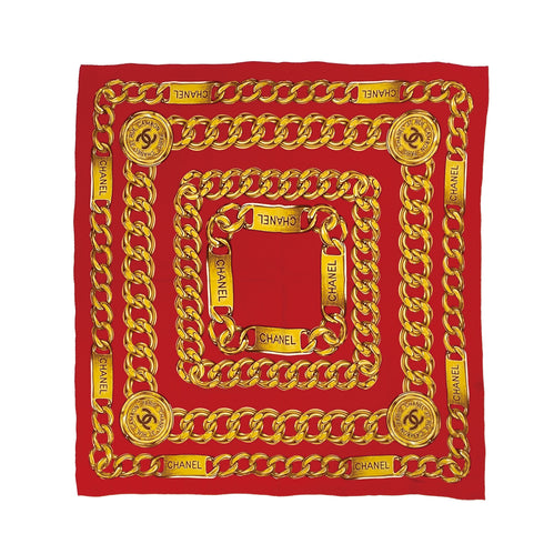 CHANEL VINTAGE SCARF COCOMARK CHAIN MOTIF RED GOLD SILK 90309779 - PURPOSE