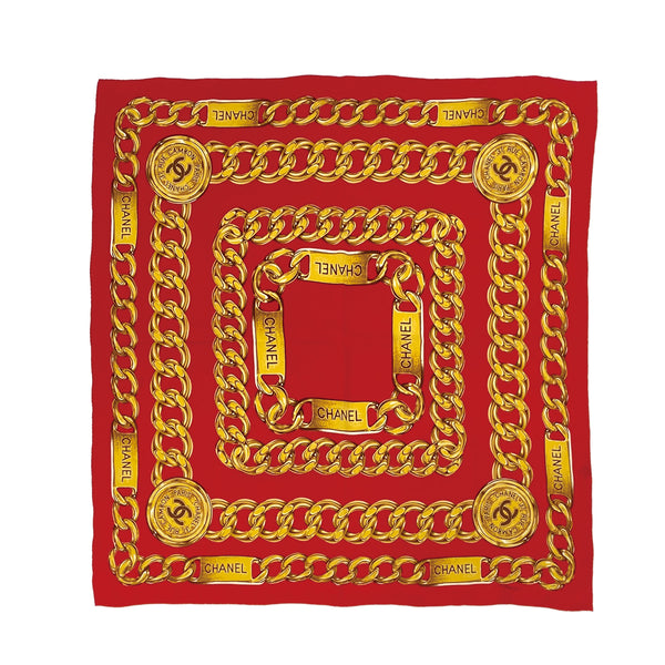 CHANEL VINTAGE SCARF COCOMARK CHAIN MOTIF RED GOLD SILK 90309779 - PURPOSE