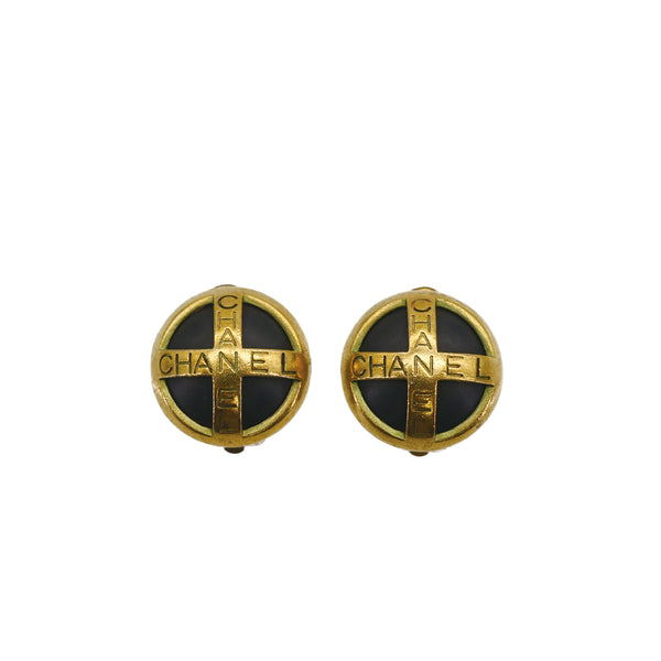 CHANEL VINTAGE EARRINGS ROUND LOGO GOLD BLACK ACCESSORY 94A 90309787 - PURPOSE