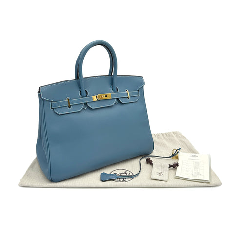 HERMES BIRKIN 35 BLUE JEAN SWIFT HAND BAG □B GOLD HARDWARE 90309820 - PURPOSE