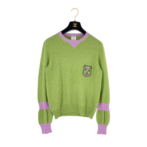CHANEL COCOMARK KNIT TOPS BEADS CAMELLIA GREEN PURPLE CASHMERE 44 07A RTW 90309850 - PURPOSE