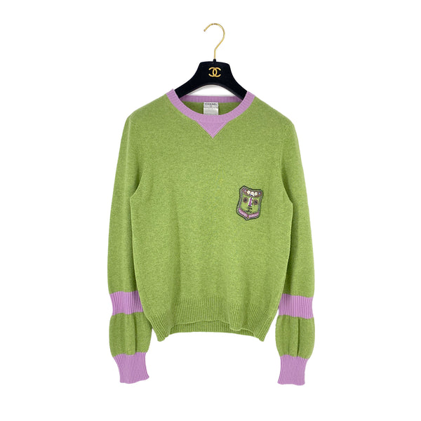 CHANEL COCOMARK KNIT TOPS BEADS CAMELLIA GREEN PURPLE CASHMERE 44 07A RTW 90309850 - PURPOSE