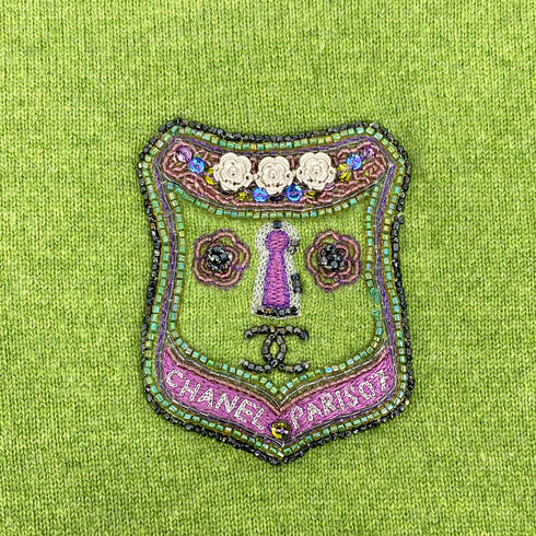 CHANEL COCOMARK KNIT TOPS BEADS CAMELLIA GREEN PURPLE CASHMERE 44 07A RTW 90309850 - PURPOSE