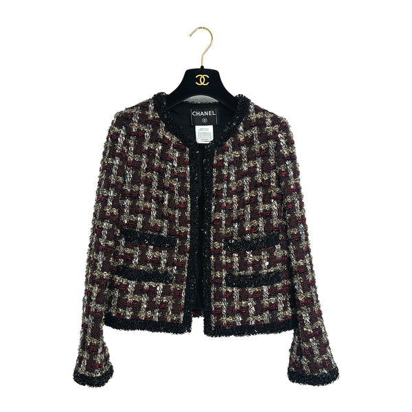 CAHNEL DOUBLE POCKET TWEED JACKET SEQUINS BLACK RED WOOL 42 02A RTW 90309855 - PURPOSE