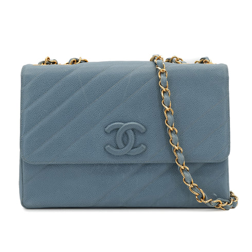 CHANEL VINTAGE BIAS STITCH CHAIN SHOULDER BAG BLUE CAVIAR SKIN 90310126 - PURPOSE