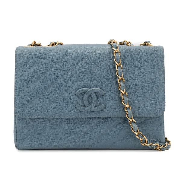 CHANEL VINTAGE BIAS STITCH CHAIN SHOULDER BAG BLUE CAVIAR SKIN 90310126 - PURPOSE
