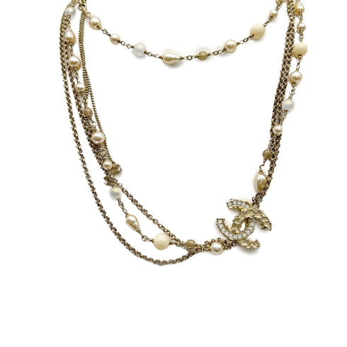 CHANEL NECKLACE COCOMARK FAUX PEARL BEADS RHINESTONE WHITE GOLD ACCESSORY A12C 90310252 - PURPOSE